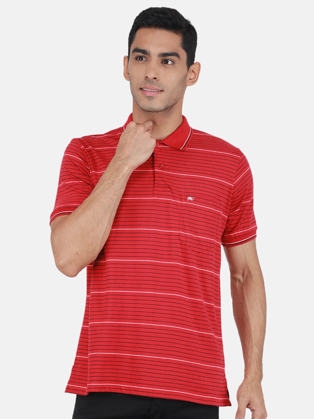 

Monte Carlo Plus Size Striped Polo Collar T-shirt, Red