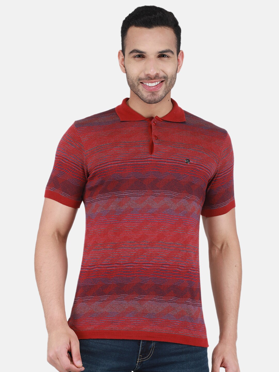 

Monte Carlo Self Design Polo Collar T-shirt, Red