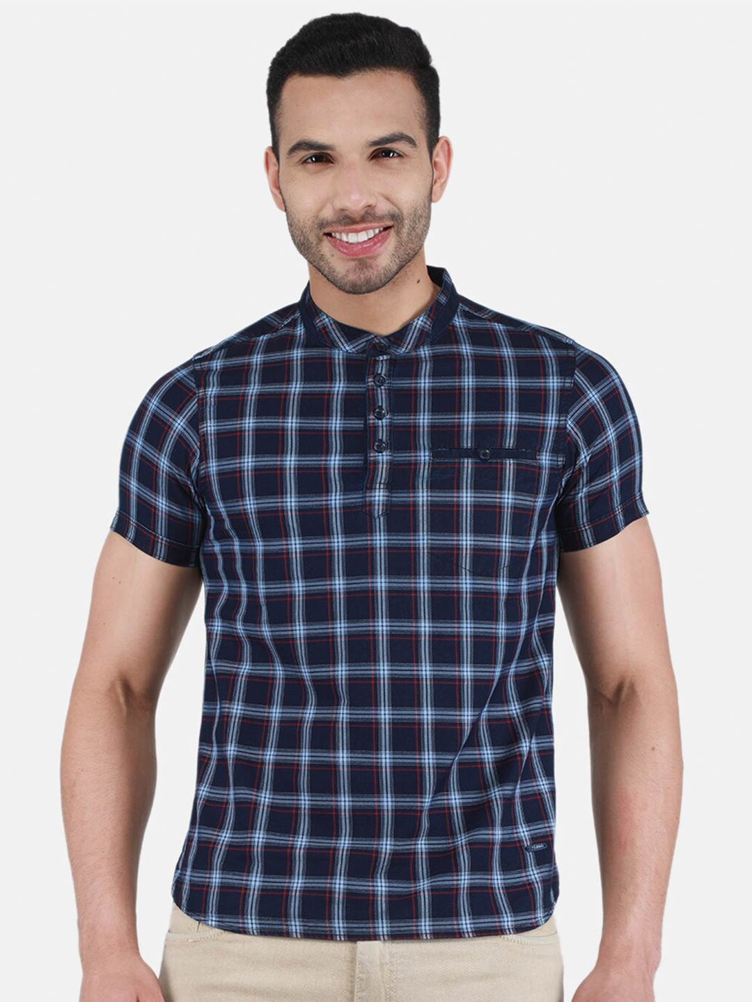

Monte Carlo Checked Mandarin Neck T-shirt, Navy blue