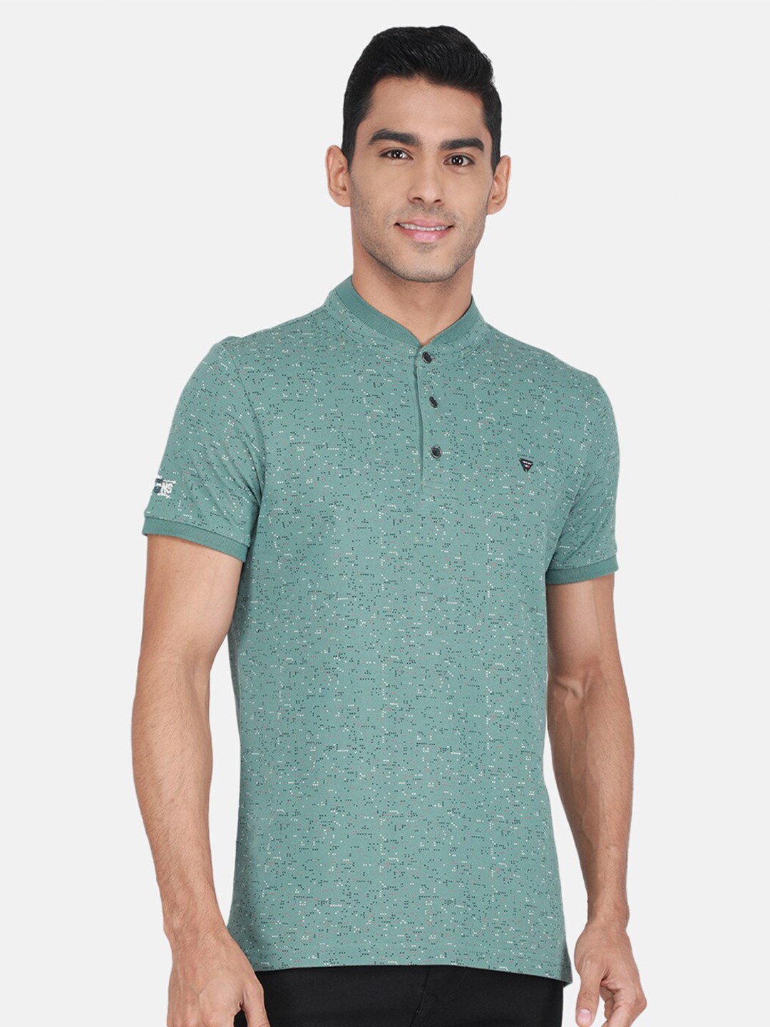 

Monte Carlo Mandarin Collar Micro Ditsy Printed T-shirt, Green