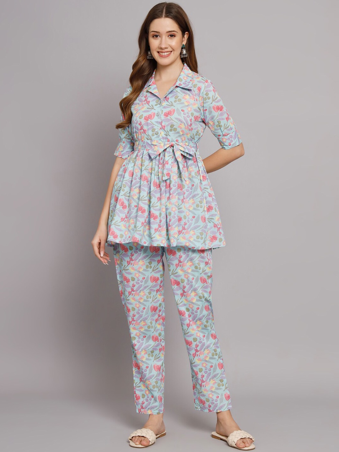 

Vastralay Printed Pure Cotton Flared Top & Trouser, Blue