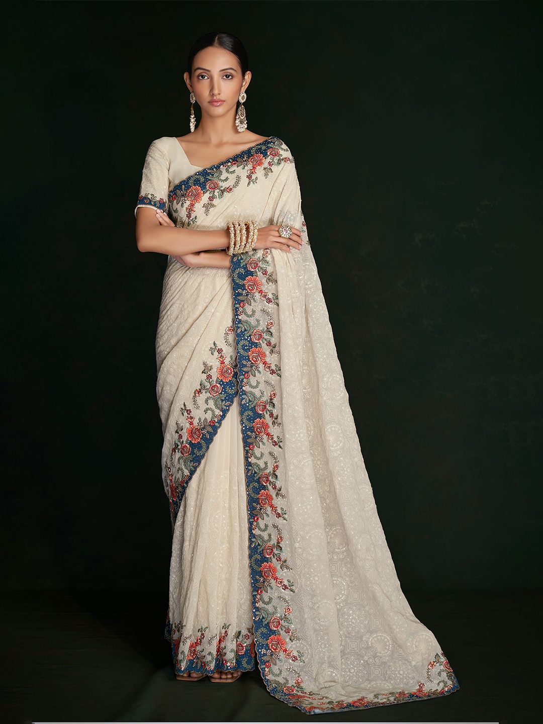 

Fusionic Ethnic Motifs Embroidered Pure Georgette Saree, White