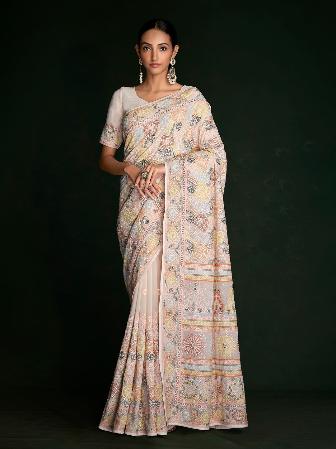 

Fusionic Ethnic Motifs Embroidered Pure Georgette Saree, White