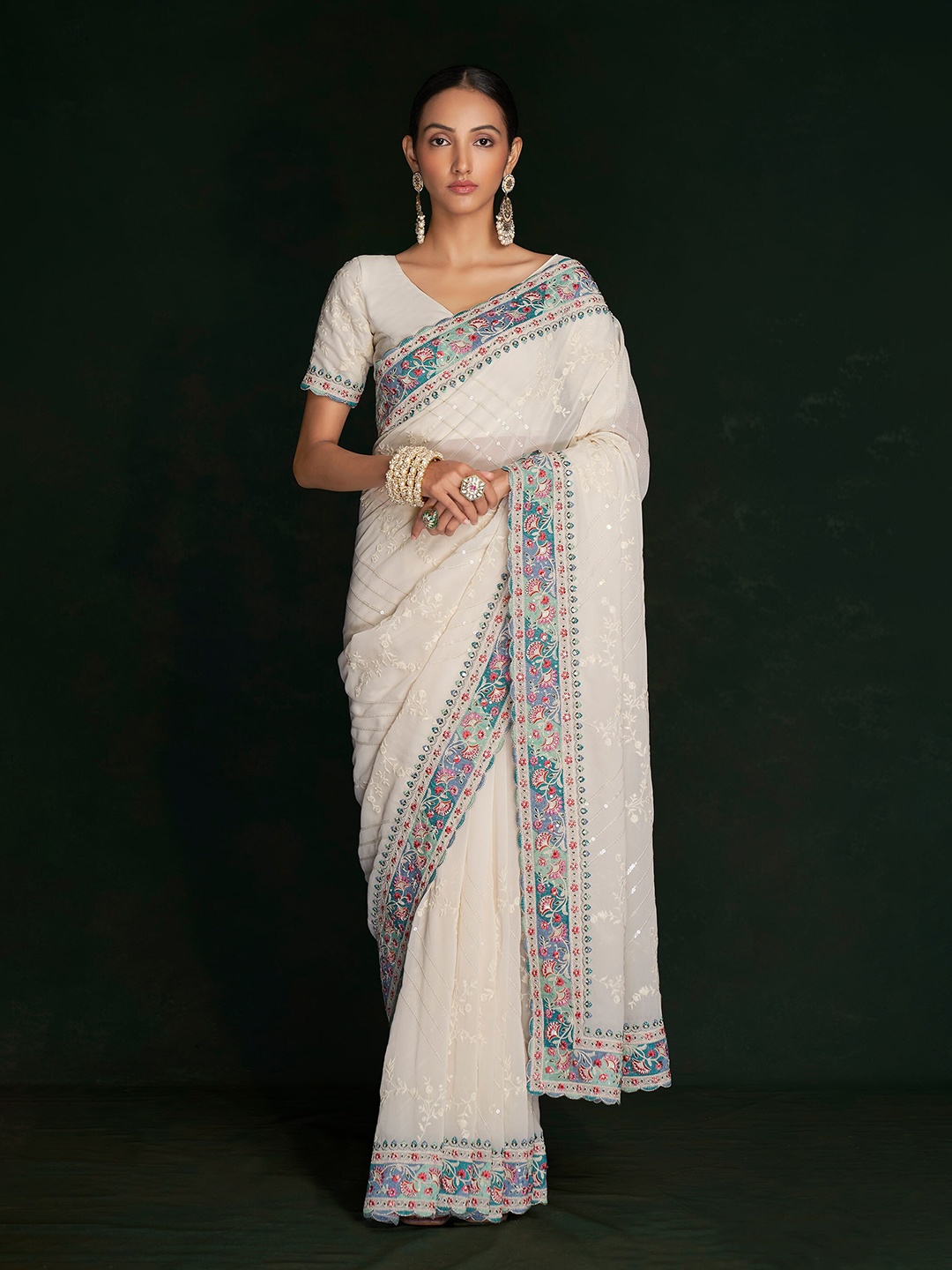 

Fusionic Ethnic Motifs Embroidered Pure Georgette Saree, White