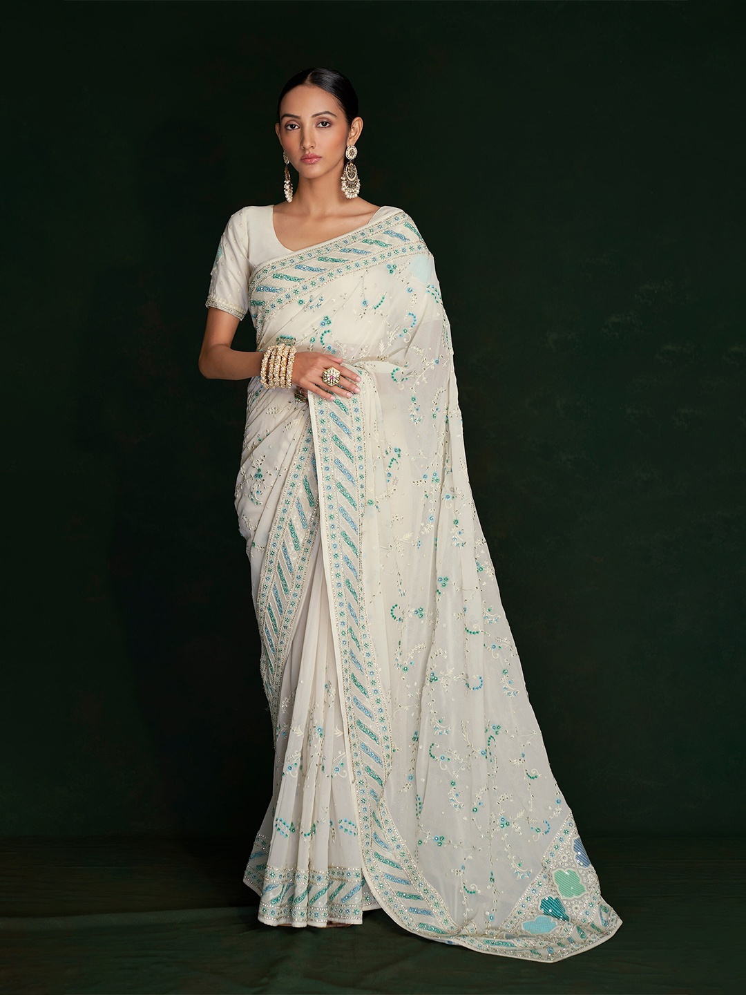 

Fusionic Embellished Embroidered Pure Georgette Saree, White