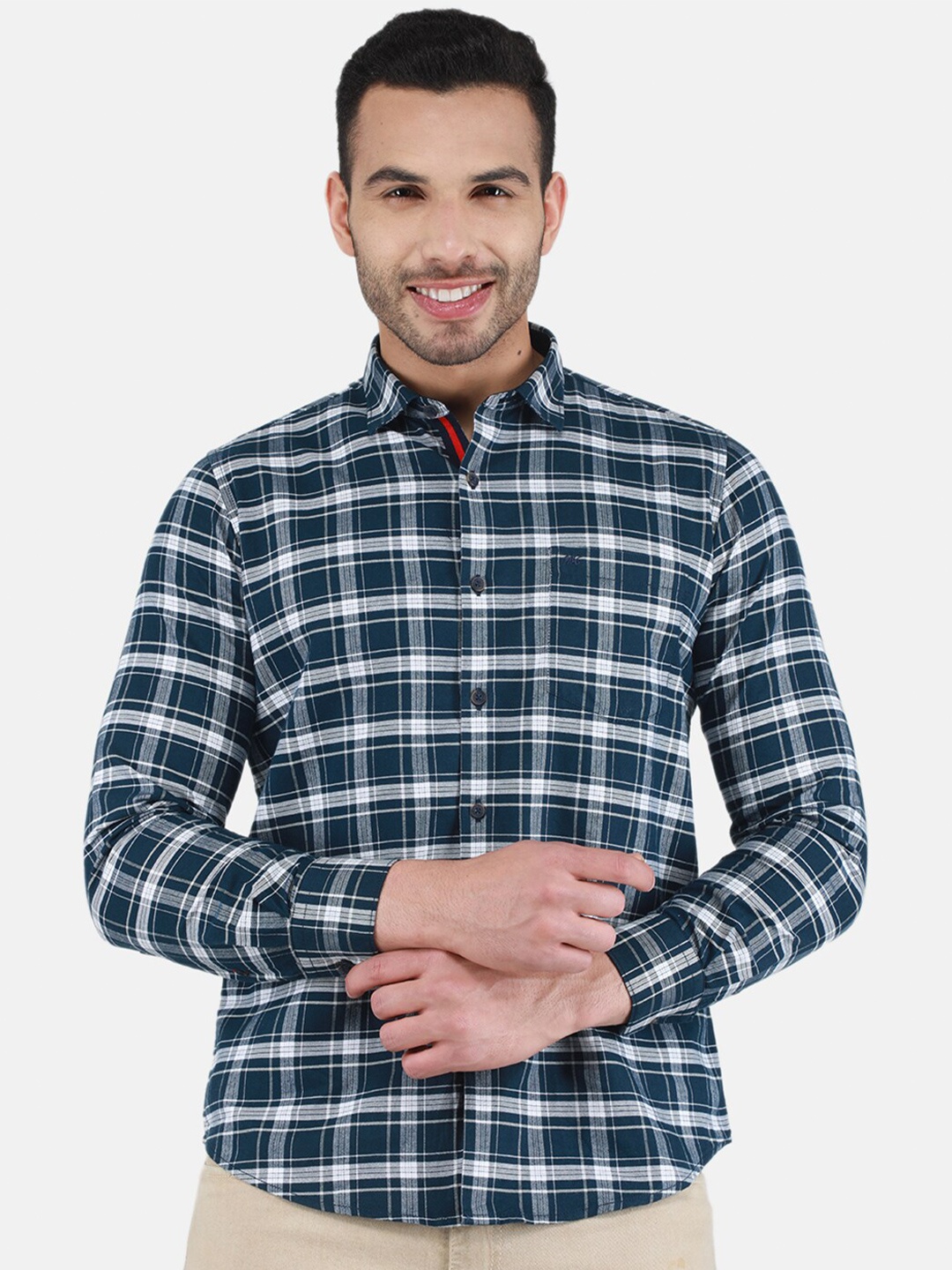 

Monte Carlo Tartan Checks Cotton Casual Shirt, Navy blue