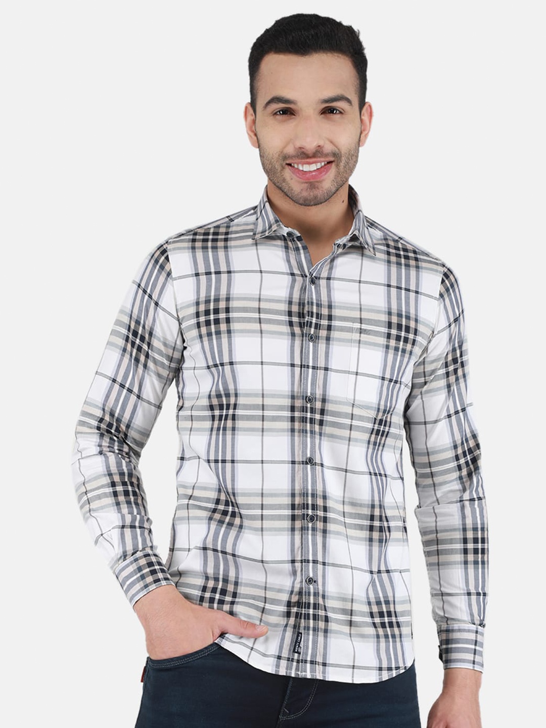 

Monte Carlo Tartan Checked Spread Collar Cotton Casual Shirt, White