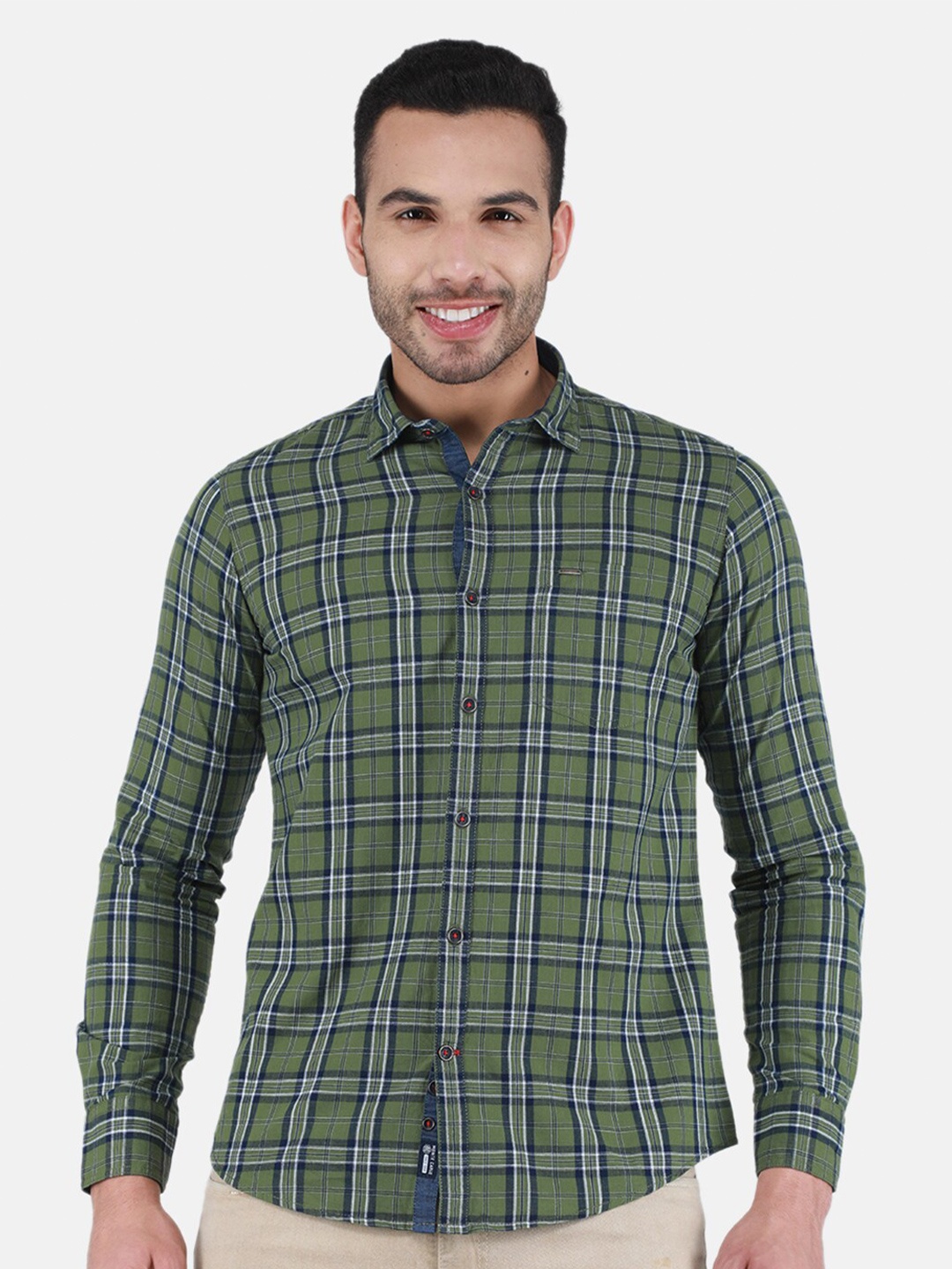 

Monte Carlo Tartan Checked Spread Collar Pure Cotton Casual Shirt, Green