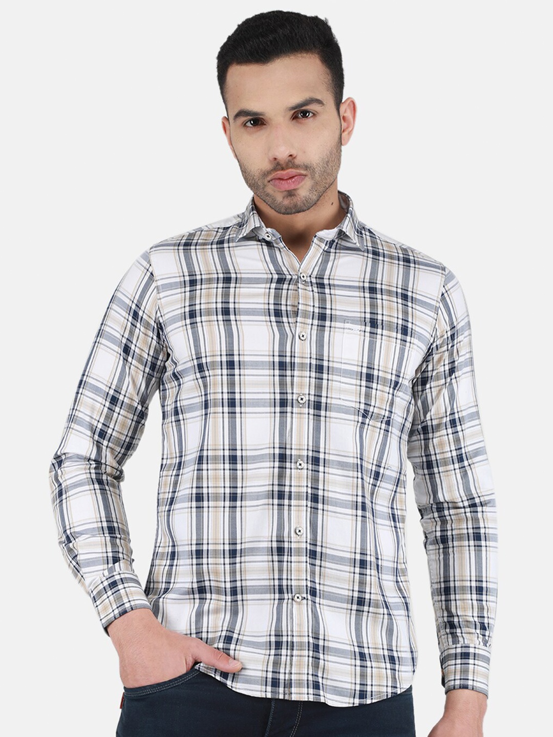 

Monte Carlo Tartan Checks Cotton Casual Shirt, White