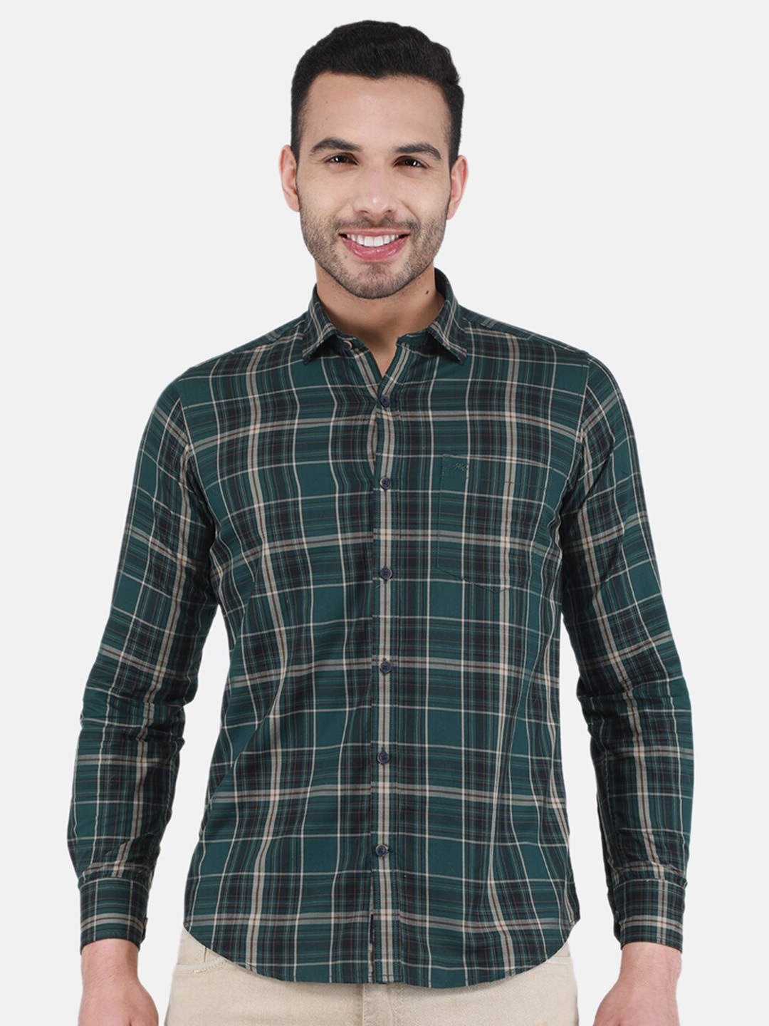 

Monte Carlo Tartan Checks Cotton Casual Shirt, Green