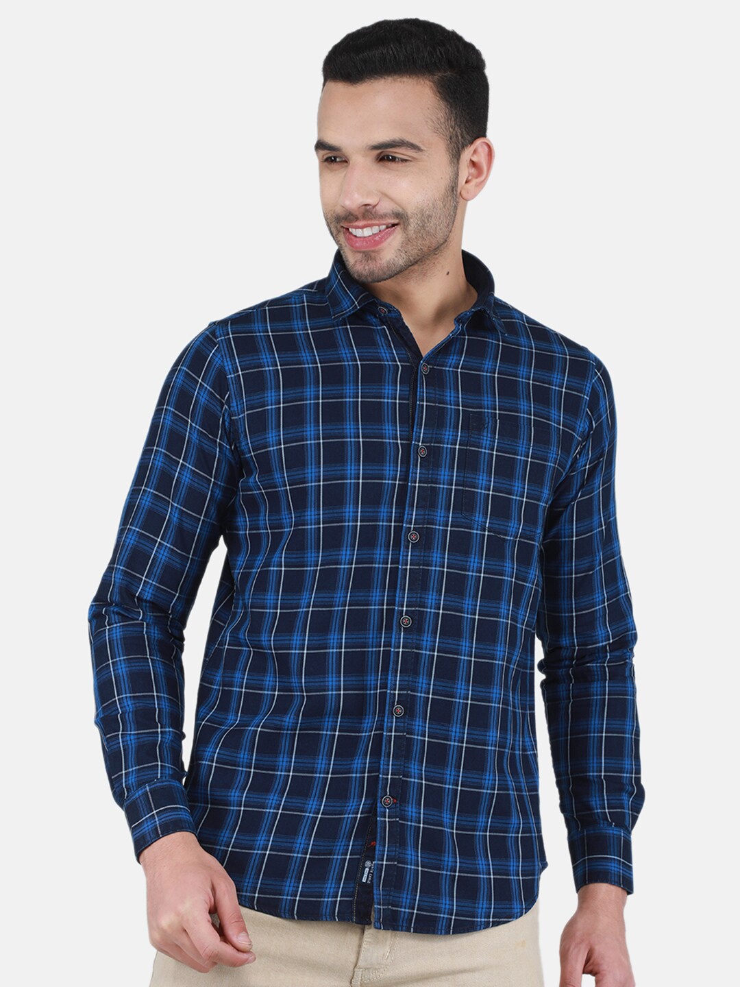 

Monte Carlo Tartan Checked Opaque Checked Casual Shirt, Blue