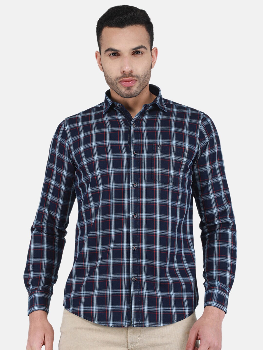 

Monte Carlo Tartan Checked Spread Collar Casual Shirt, Navy blue