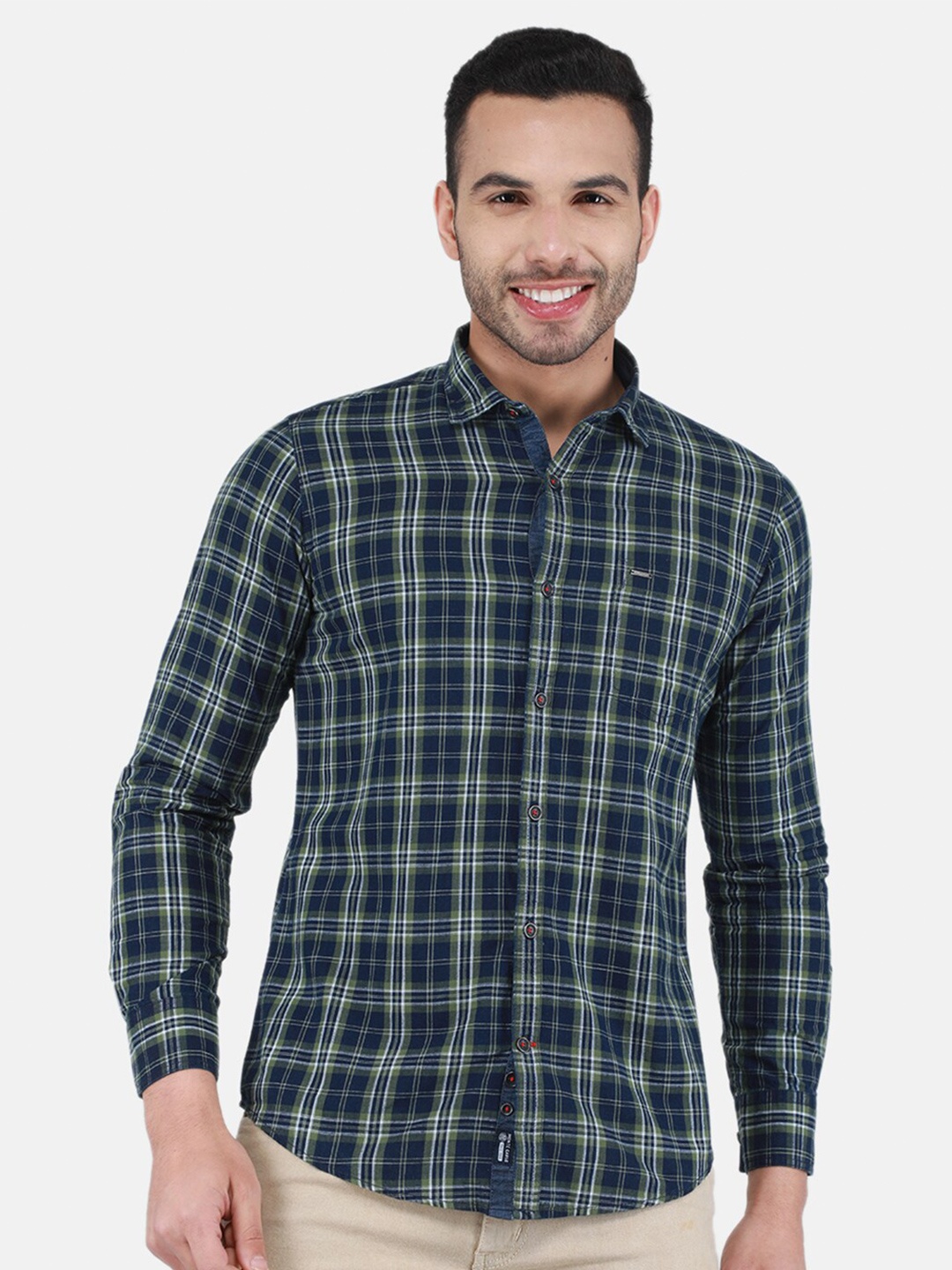 

Monte Carlo Blue Tartan Checks Pure Cotton Casual Shirt, Navy blue
