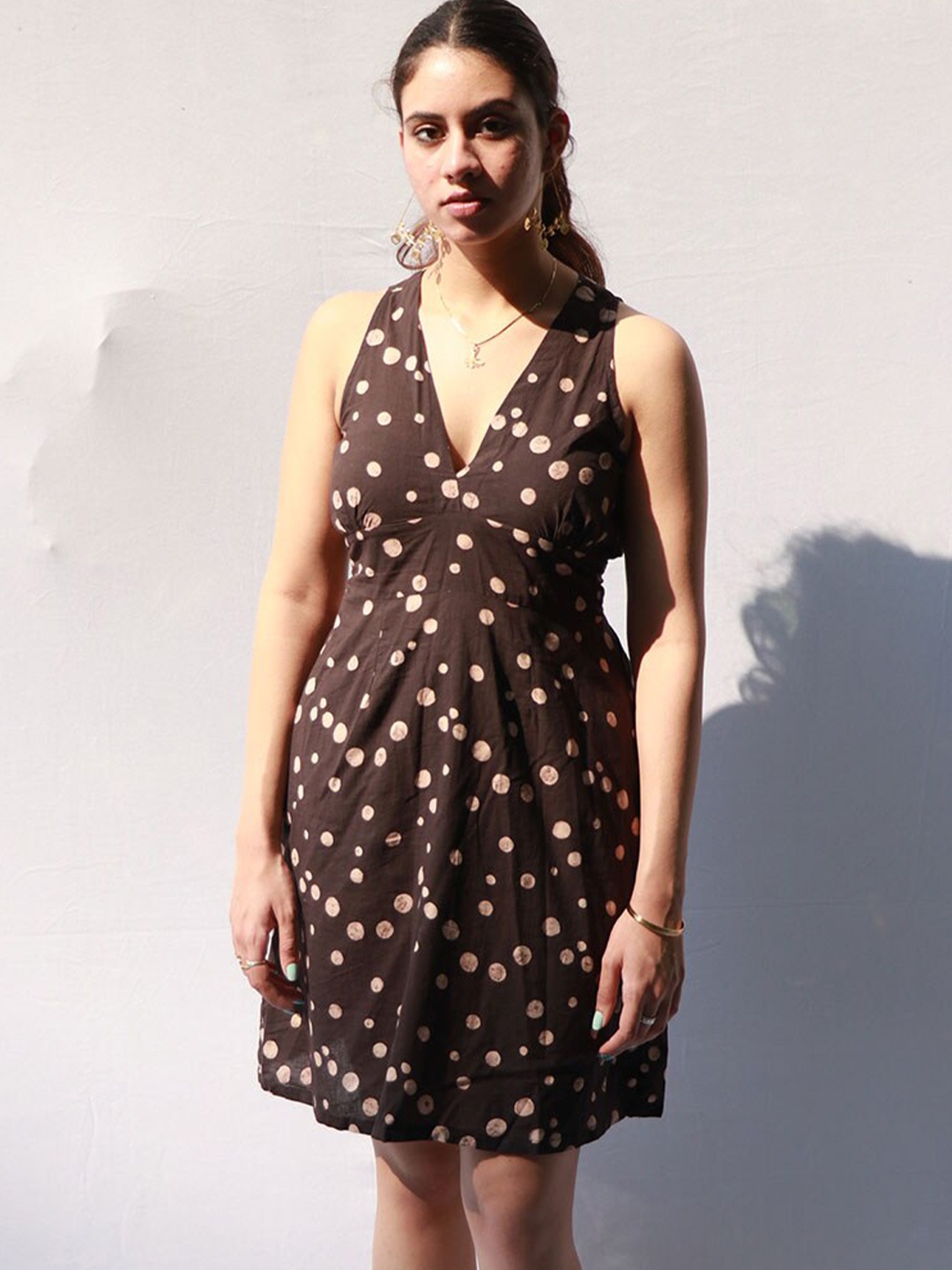 

Chidiyaa Polka Dot Print Fit & Flare Dress, Brown
