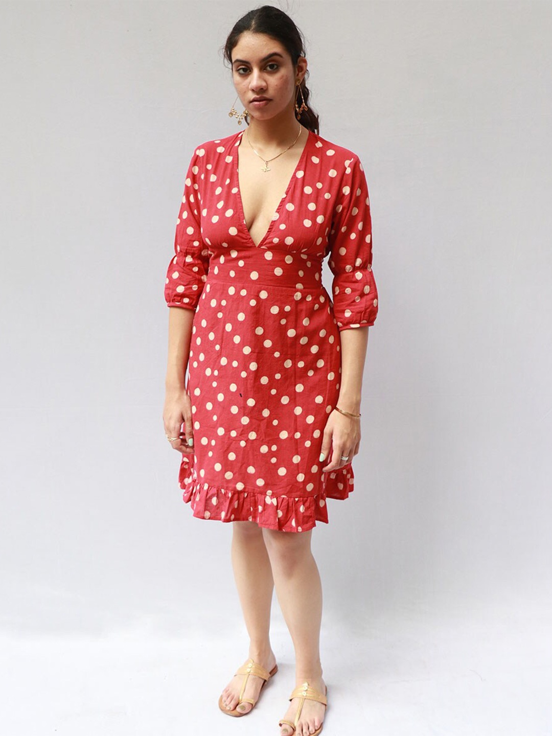 

Chidiyaa Polka Dot Print Puff Sleeve Fit & Flare Dress, Red