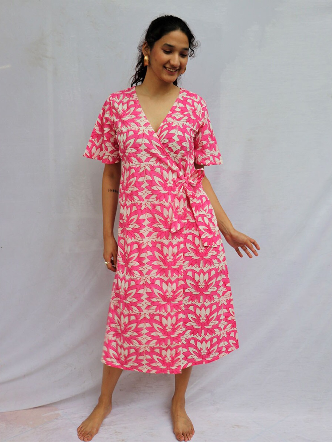 

Chidiyaa Floral Print Flared Sleeve Wrap Midi Dress, Pink