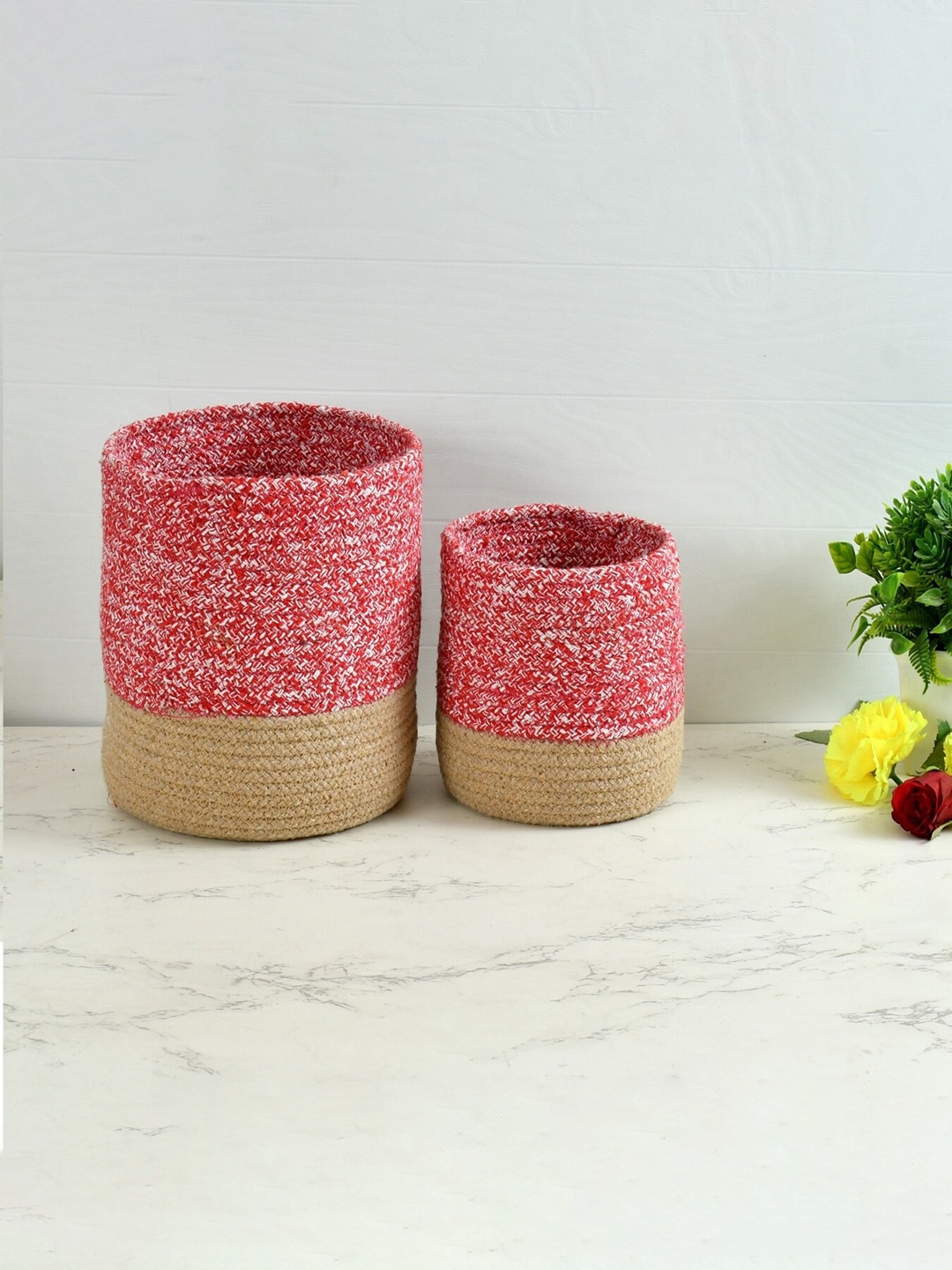 

Homefab India Red & Brown 2 Pieces Braided Woven Cotton Planter Baskets