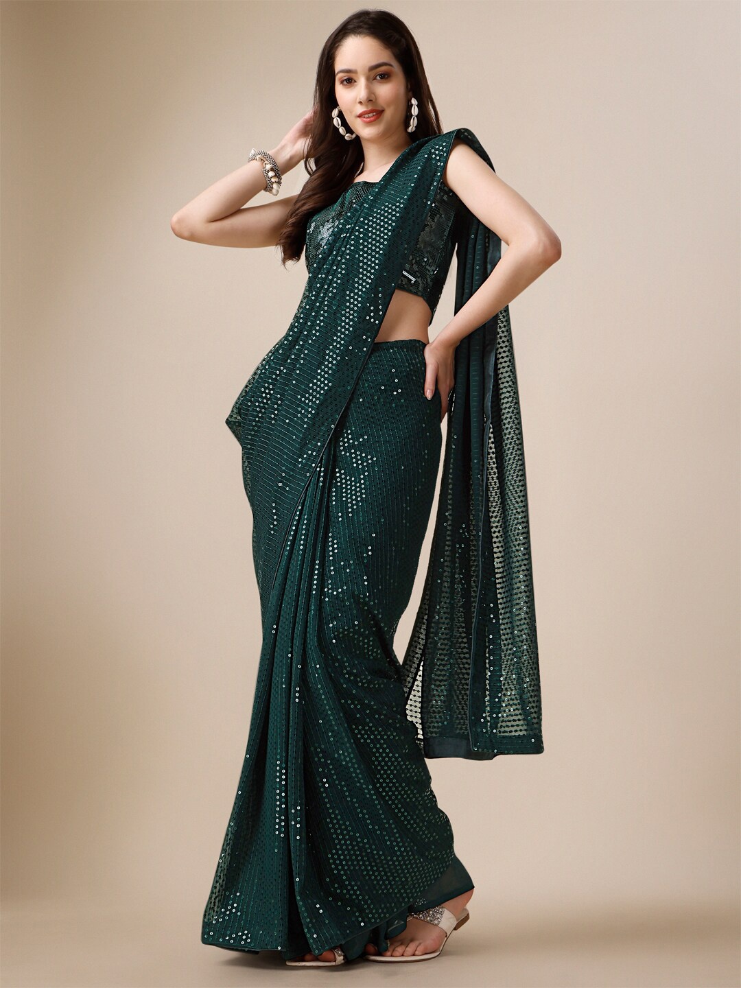 

CLEMIRA Sequinned Embellished Georgette Saree, Green