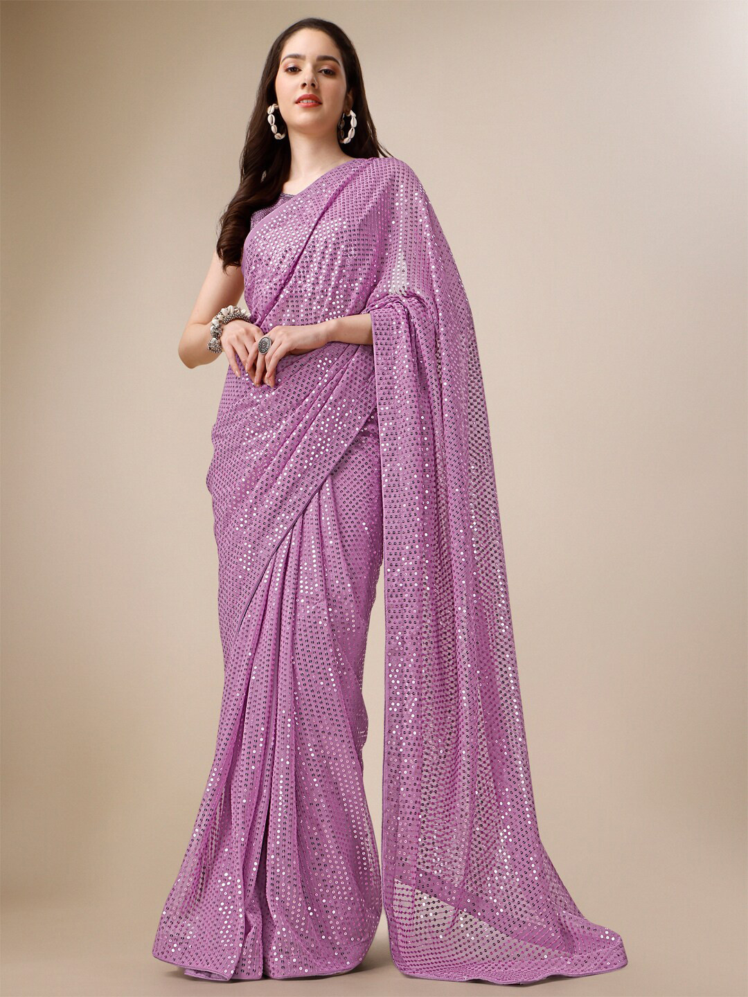

CLEMIRA Sequinned Embellished Georgette Saree, Purple