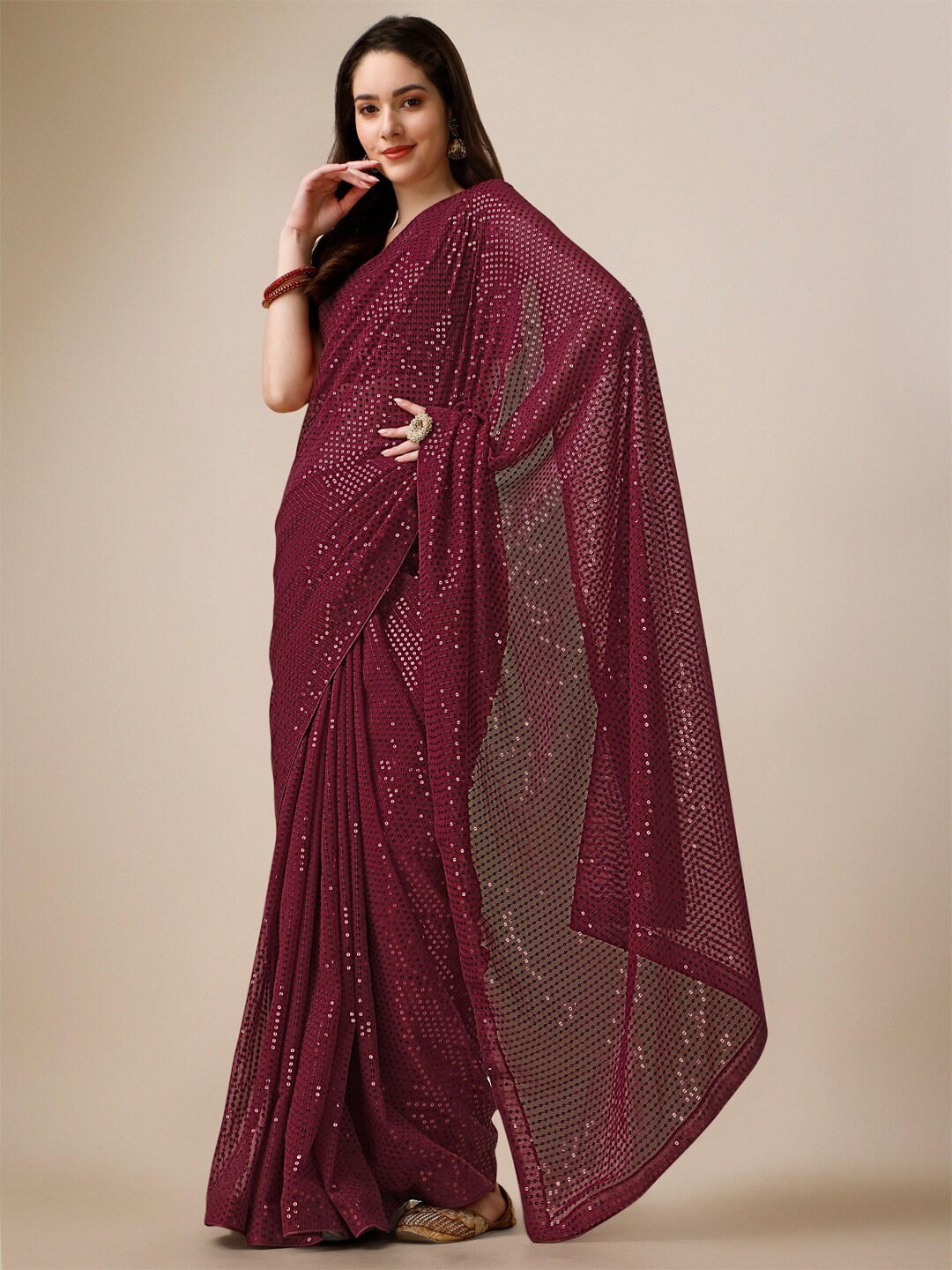 

CLEMIRA Sequinned Embellished Georgette Saree, Maroon