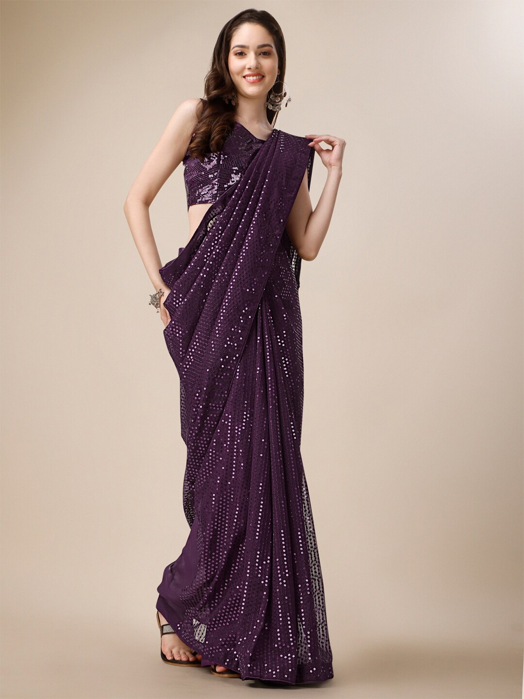 

CLEMIRA Sequinned Embellished Georgette Saree, Purple