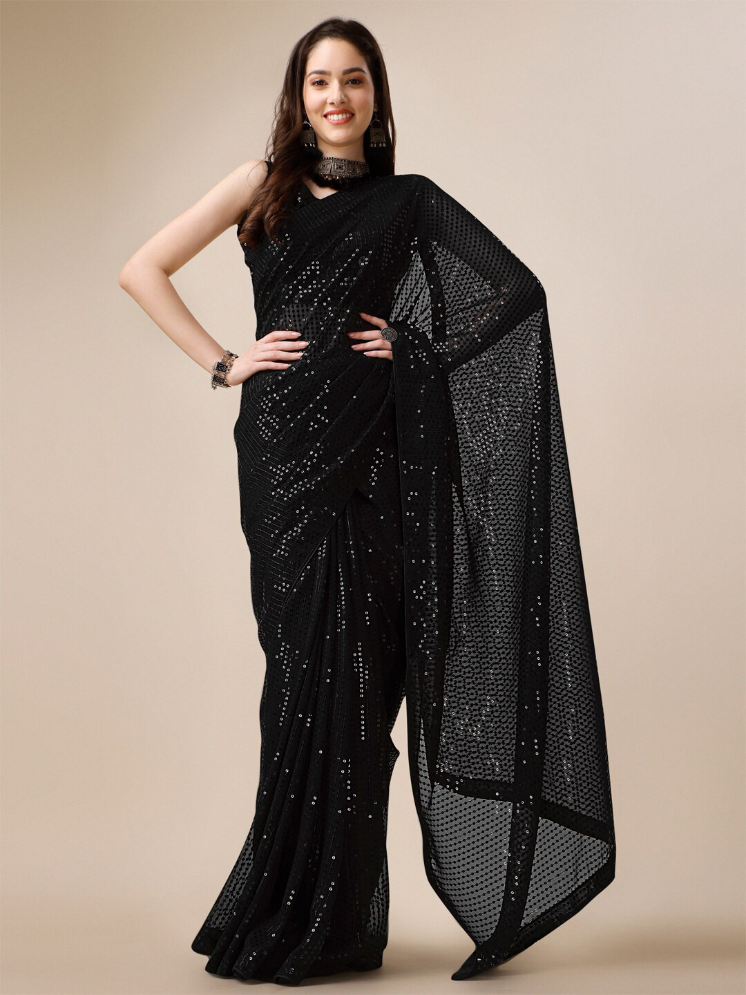 

CLEMIRA Sequin Embellished Saree, Black