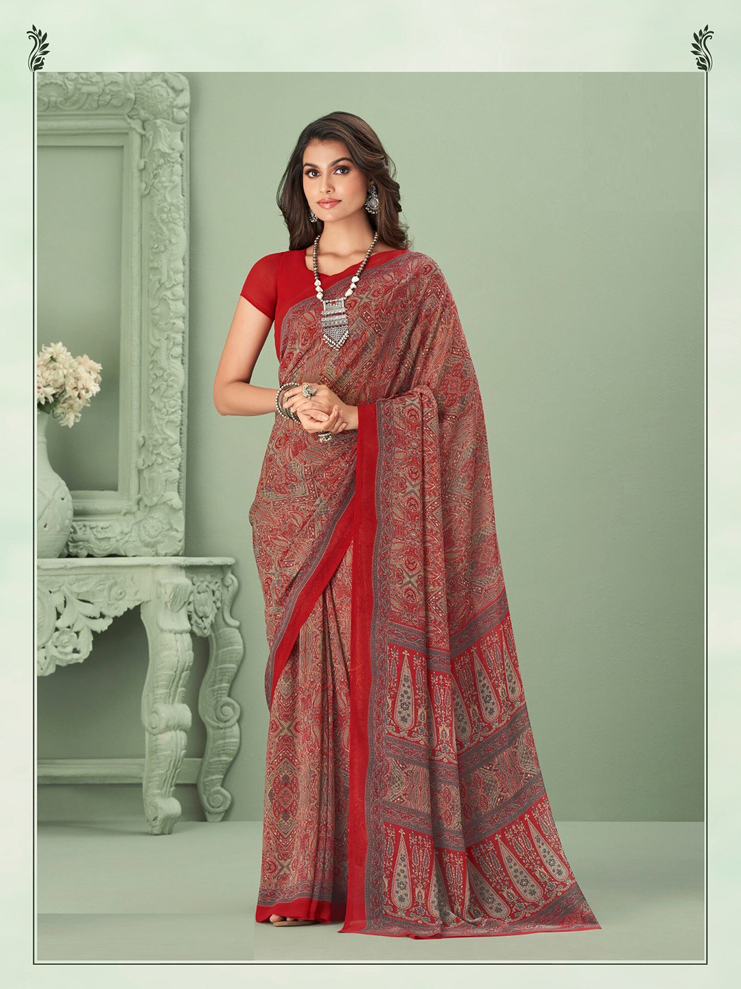 

Mitera Red & Grey Ethnic Motifs Printed Poly Georgette Saree