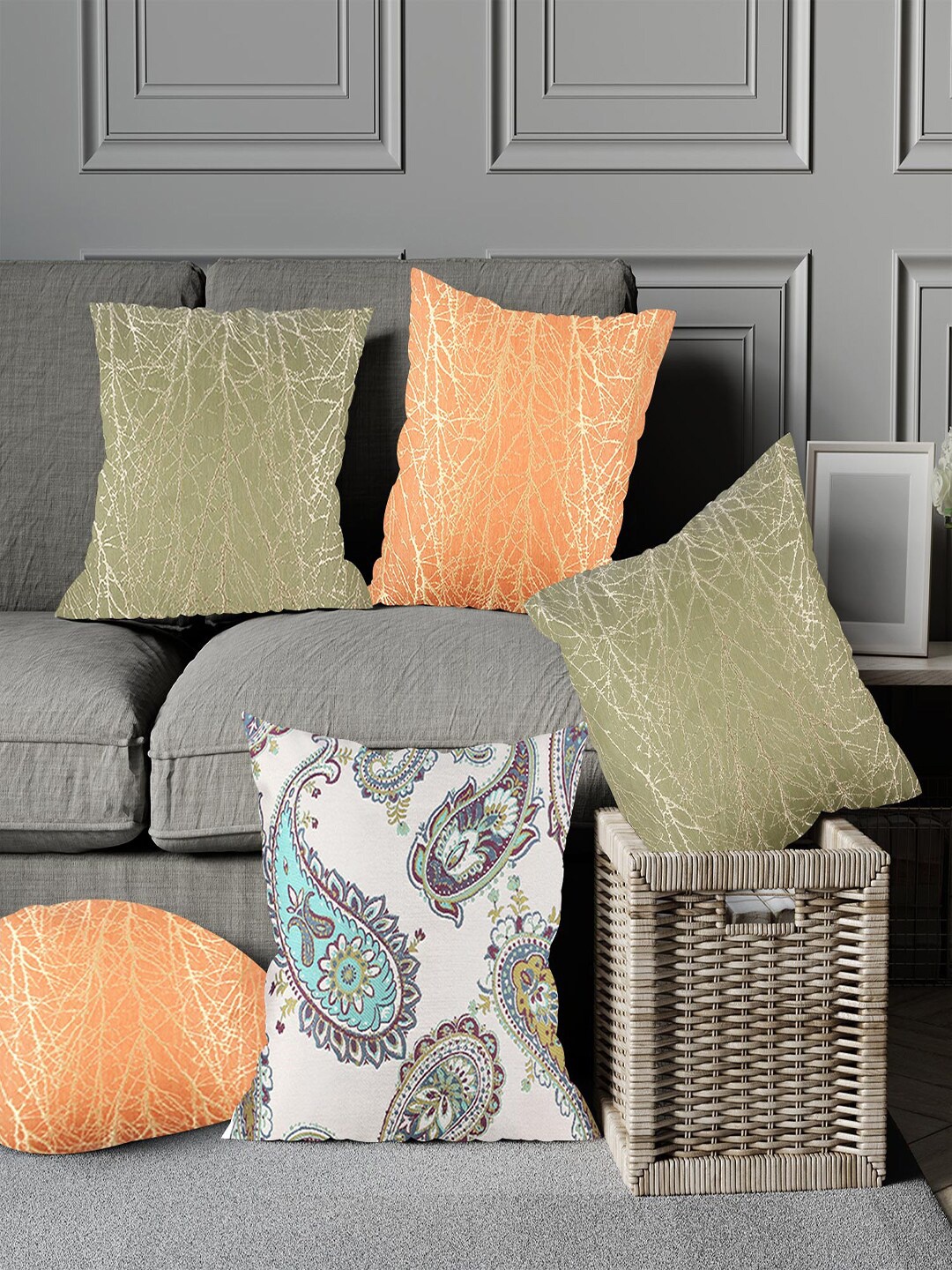 

Just Home Green & Blue 5 Pieces Ethnic Motifs Printed Square Cushion Covers