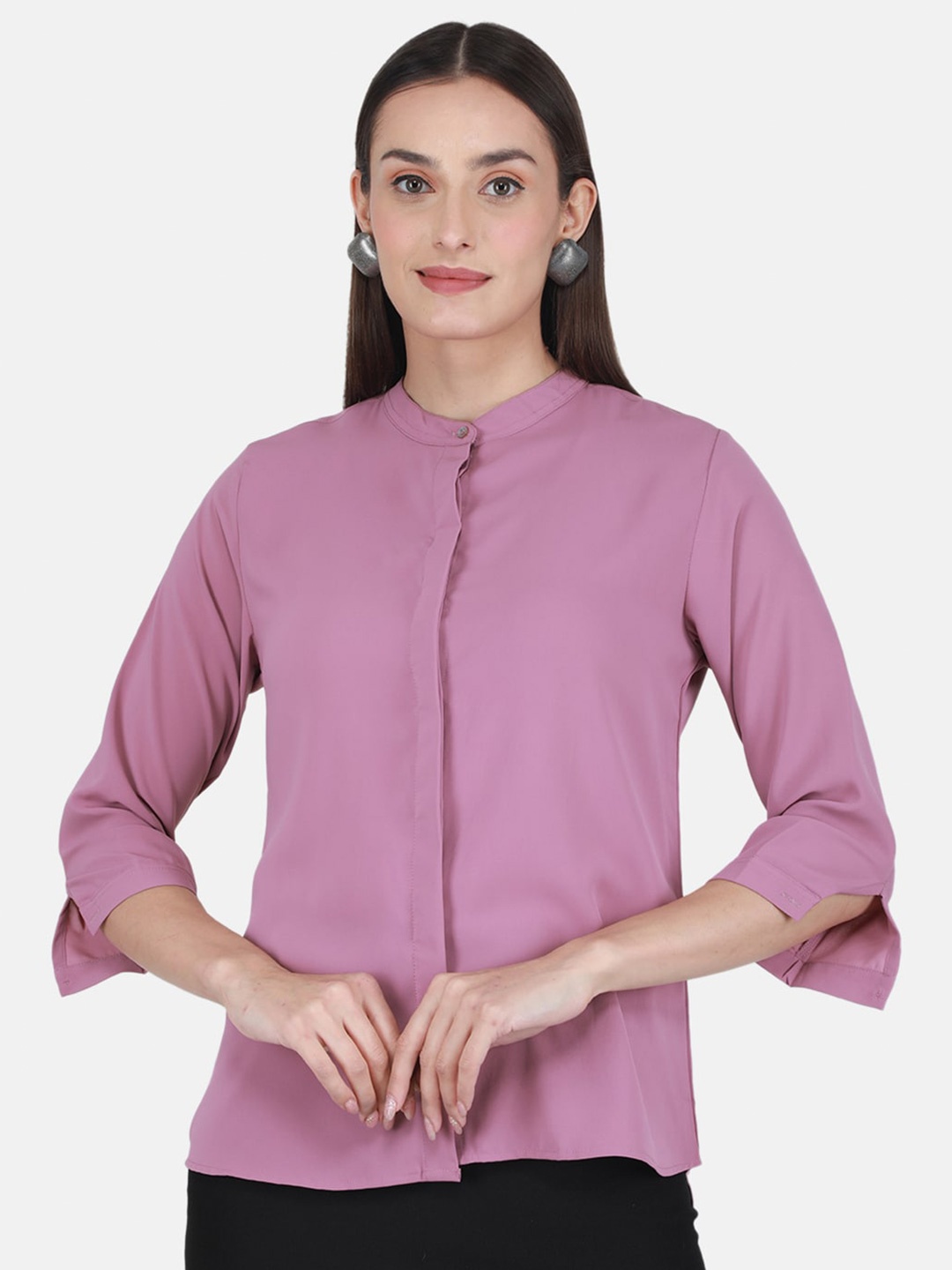

Monte Carlo Mandarin Collar Cuffed Sleeves Shirt Style Top, Lavender