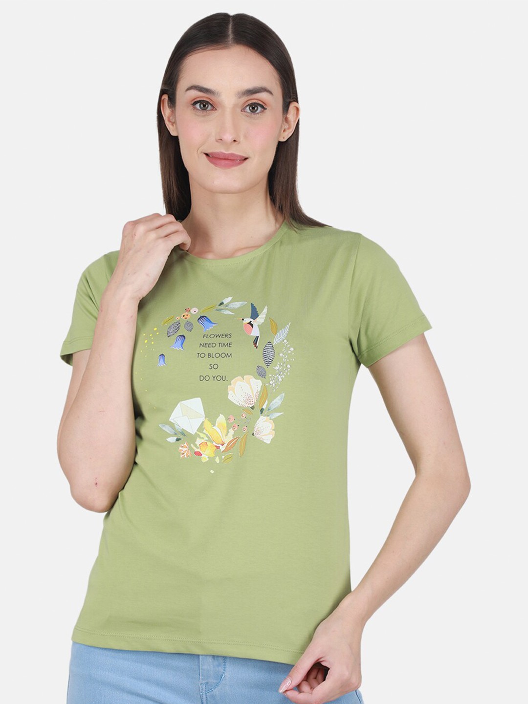 

Monte Carlo Floral Printed Round Neck Short Sleeves Top, Green