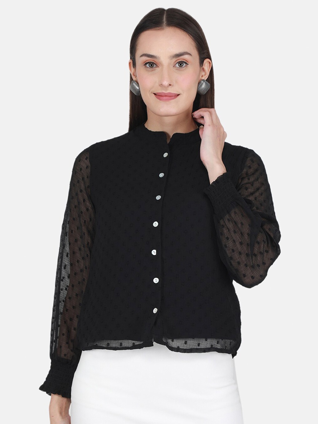 

Monte Carlo Mandarin Collar Shirt Style Top, Black