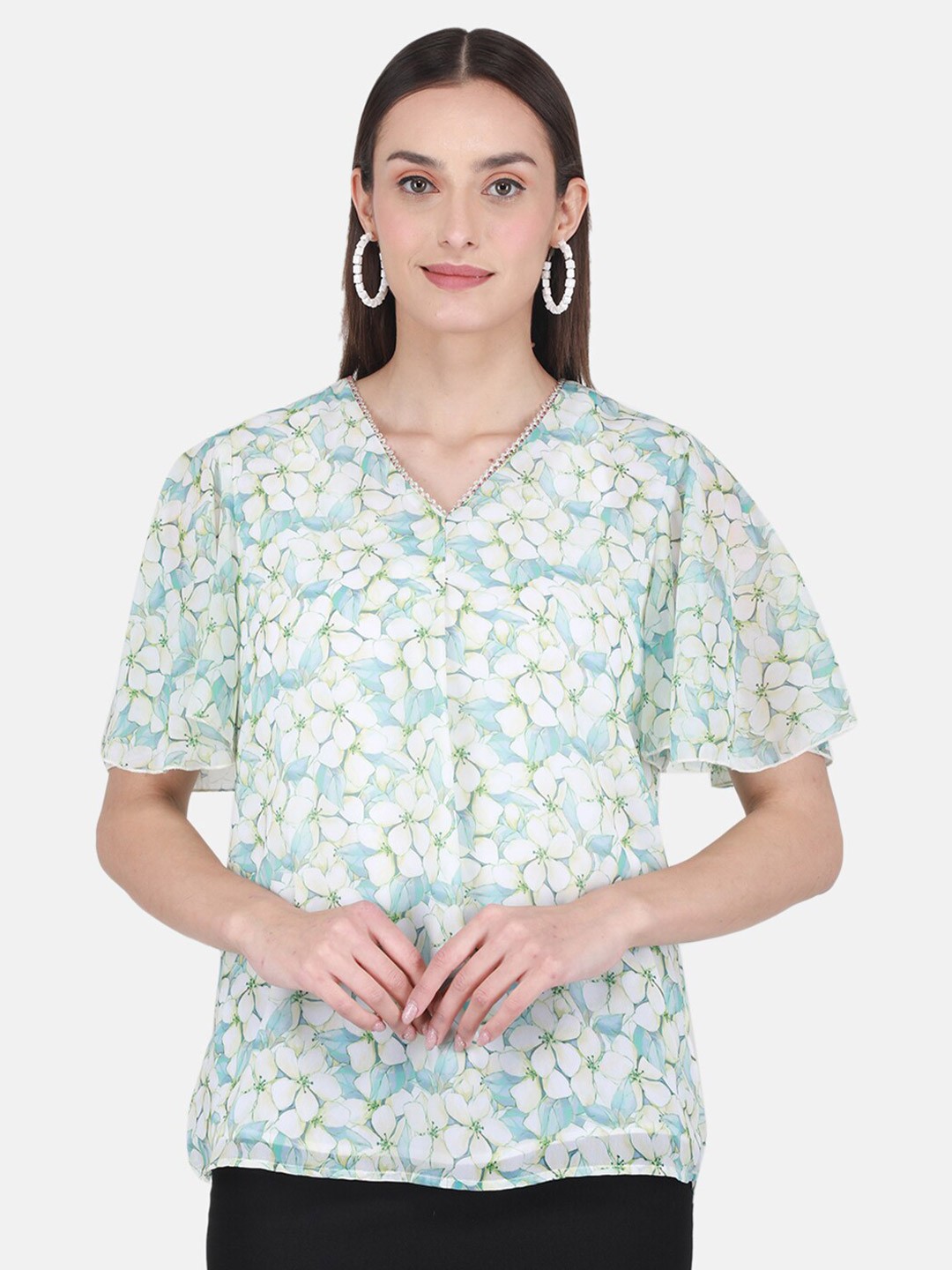 

Monte Carlo V-Neck Floral Printed Flared Sleeve Top, Green