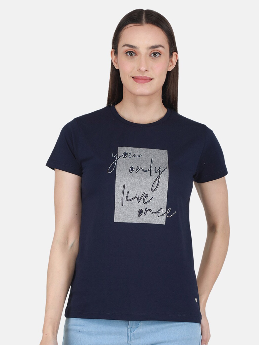 

Monte Carlo Round Neck Typography Printed Top, Navy blue