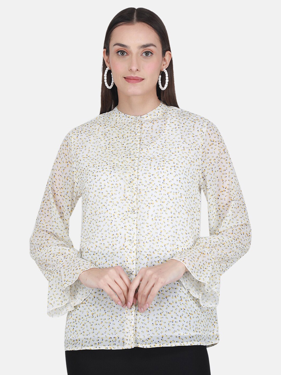 

Monte Carlo Floral Printed Bell Sleeves Shirt Style Top, White