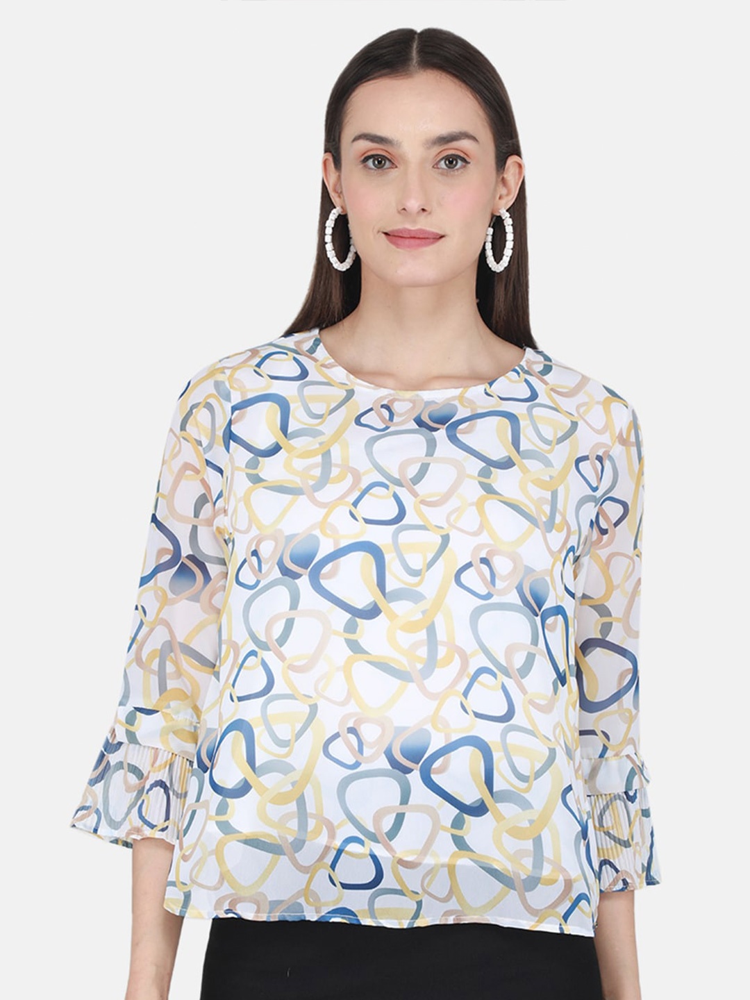

Monte Carlo Geometric Printed Bell Sleeves Regular Top, White