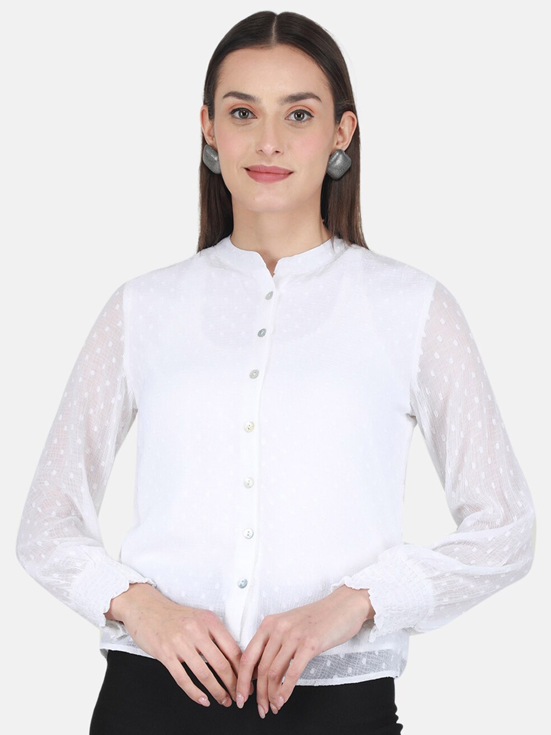 

Monte Carlo Self Design Mandarin Collar Cuffed Sleeves Shirt Style Top, White