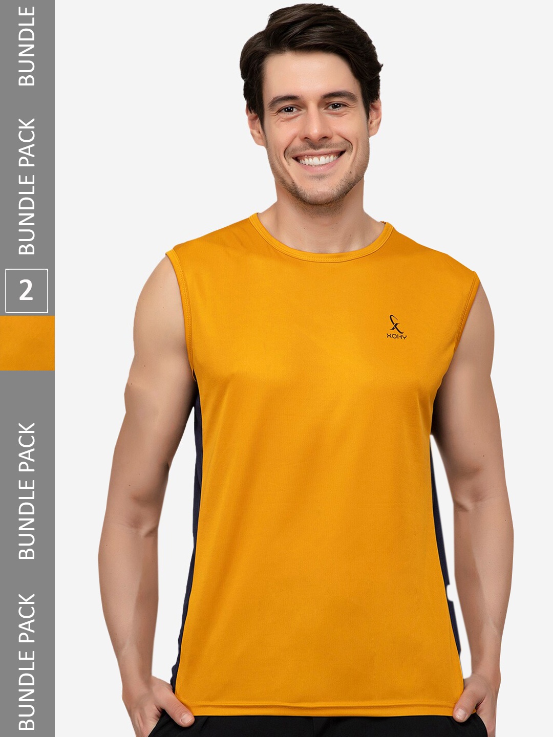 

Xohy Men Pack Of 2 Round Neck Sports Gym Vests, Mustard