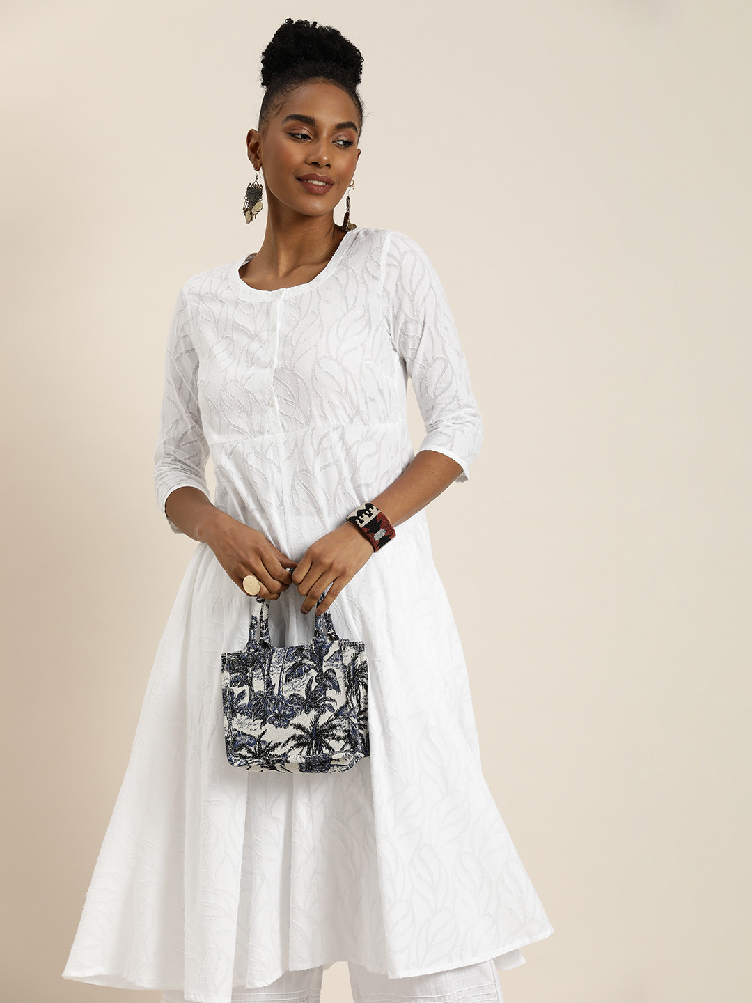 

Taavi Women Woven Legacy Pure Cotton A-Line Kurta With Palazzos, White