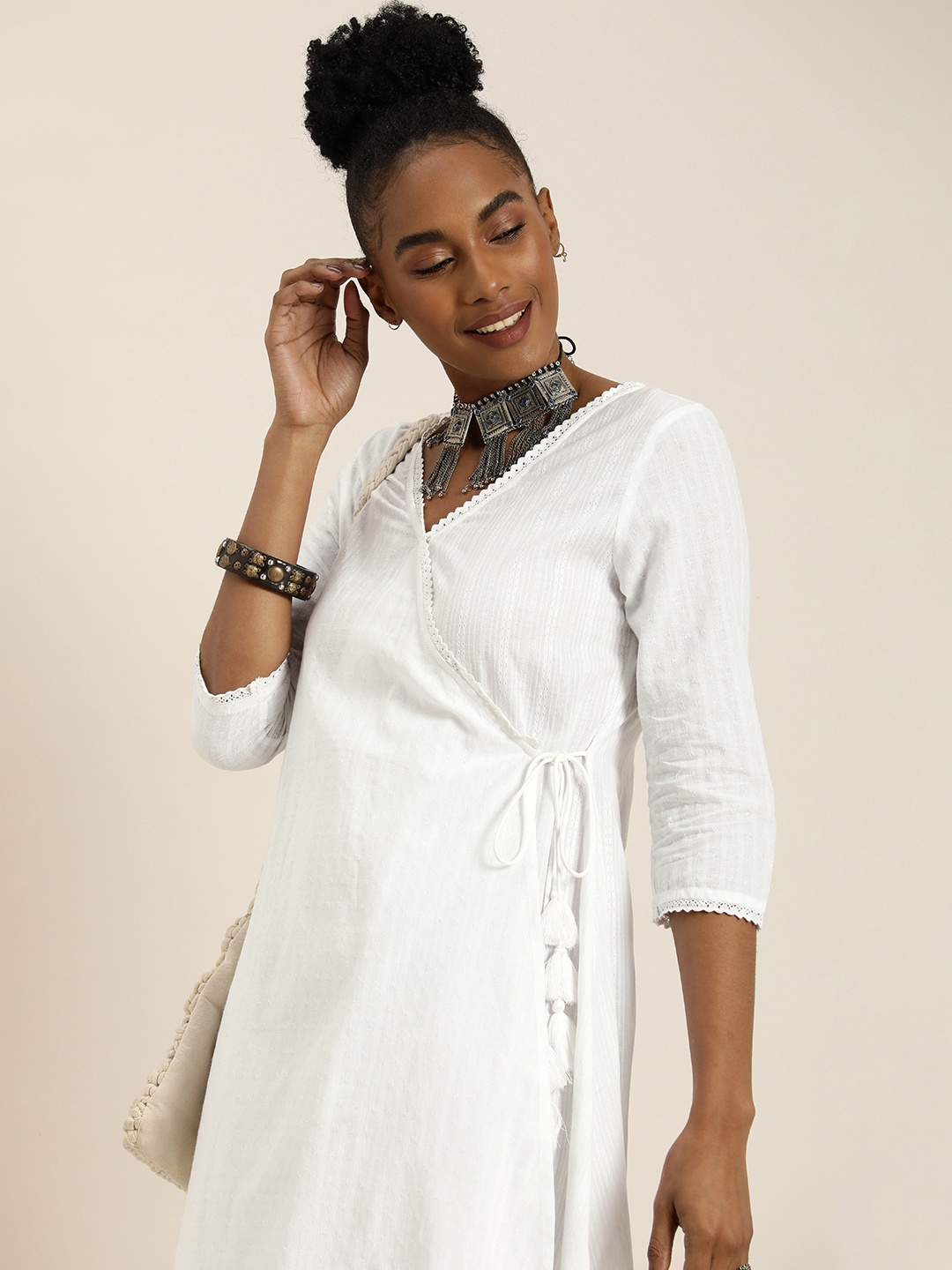 

Taavi Self Design Woven Festive Wrap Ethnic Dress With Tie-ups Detail, White