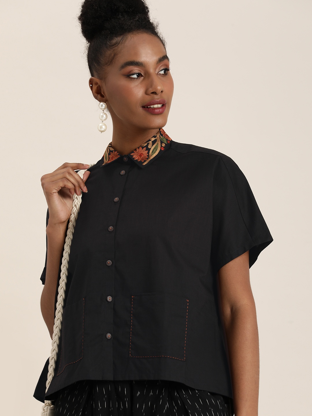 

Taavi Pure Cotton Floral Embroidered Extended Sleeves Shirt Style Woven Festive Top, Black