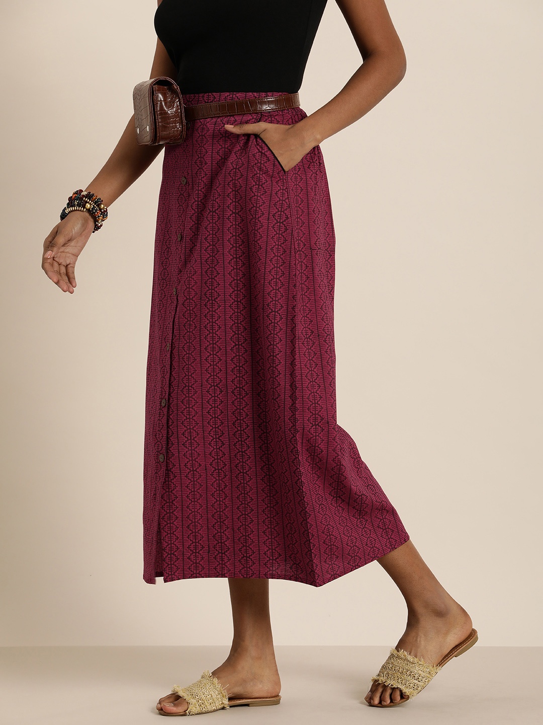 

Taavi Women Pure Cotton Block Print Legacy Midi Skirt, Maroon