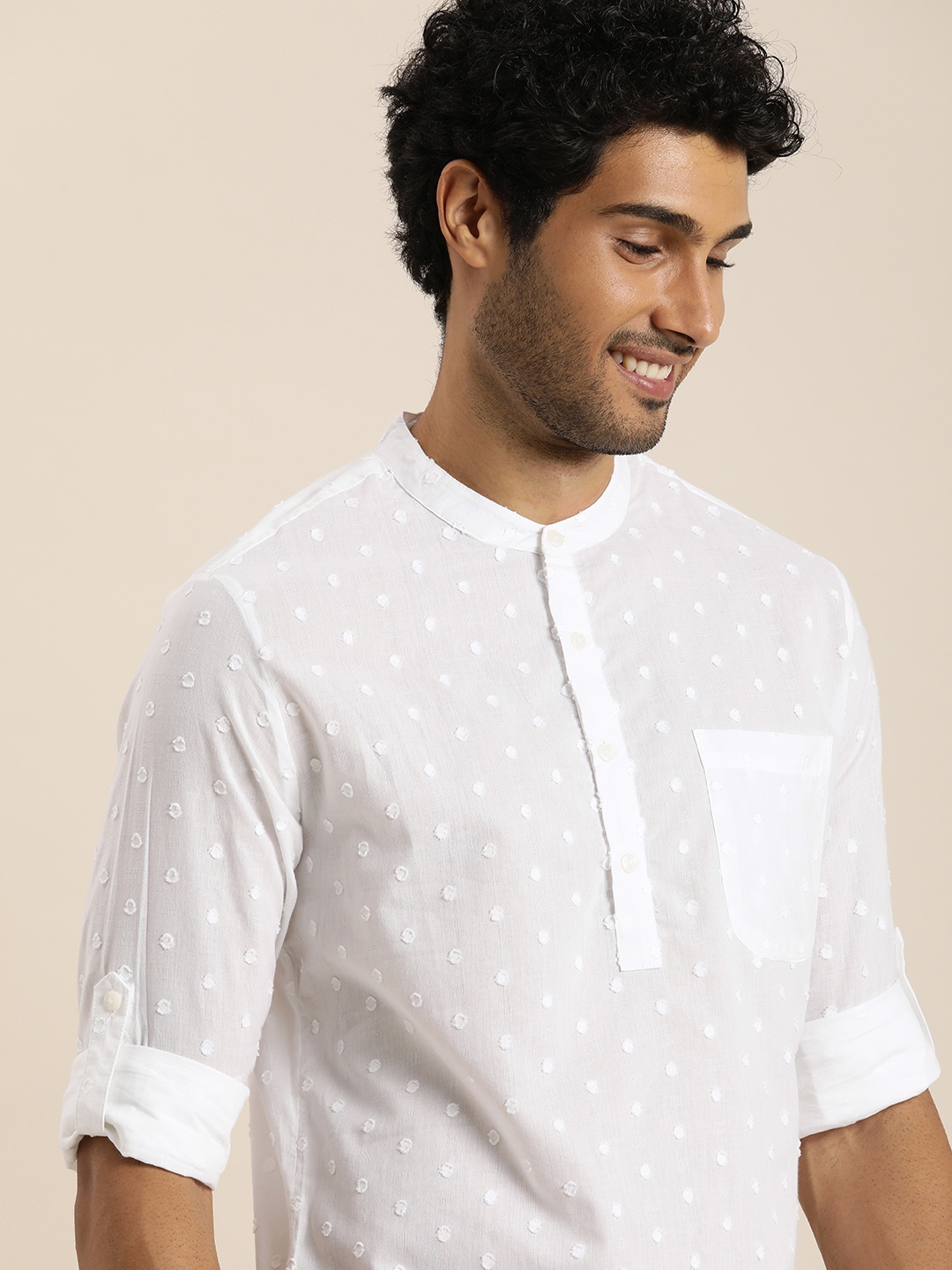 

Taavi Pure Cotton Woven Legacy Band Collar Woven Design Dobby Kurta, White