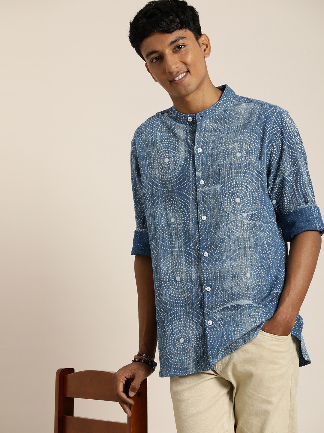 

Taavi Ethnic Motifs Printed Indigo Hand Block Pure Cotton Casual Shirt, Blue