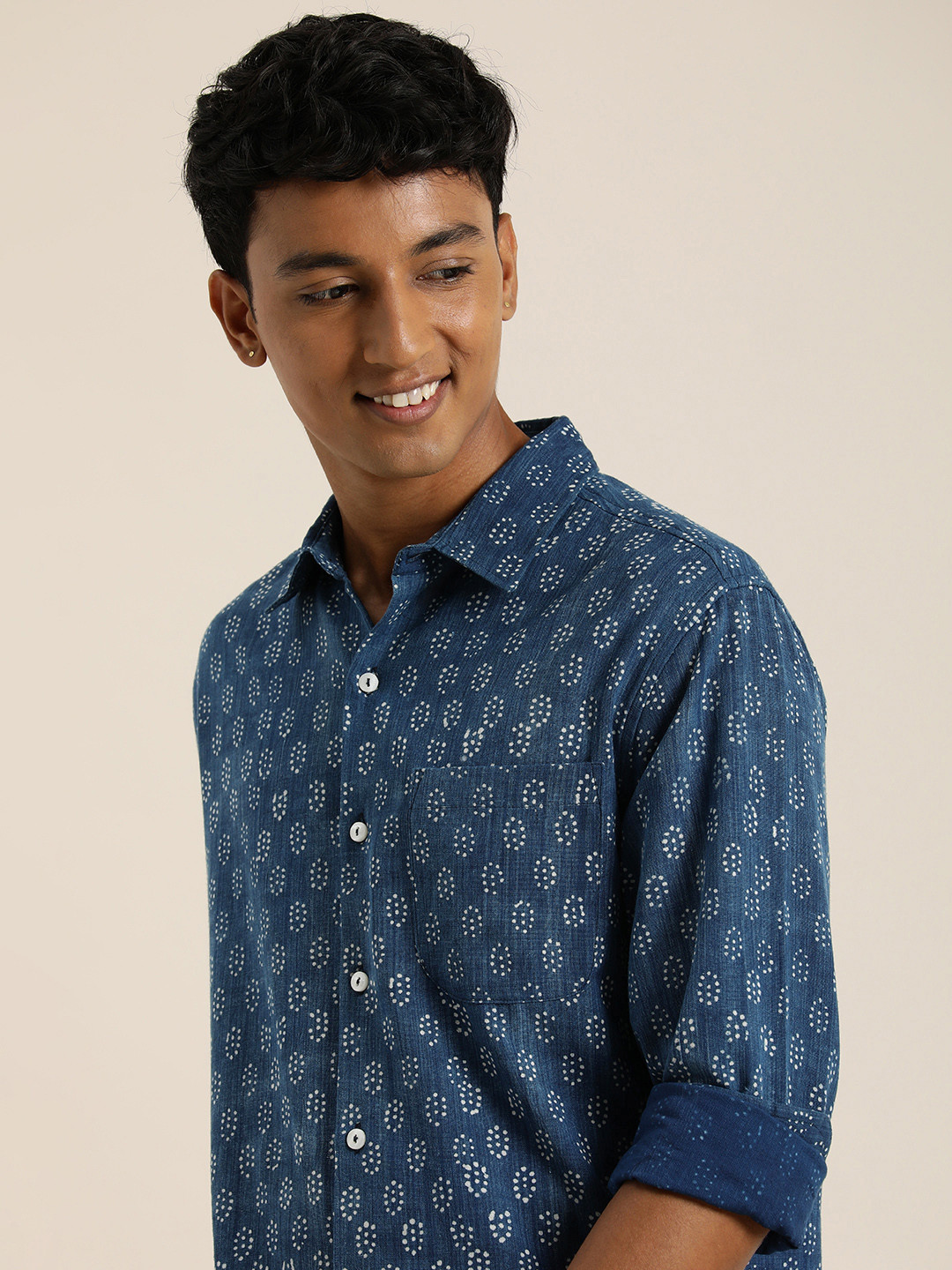 

Taavi Ethnic Motifs Printed Indigo Hand Block Pure Cotton Casual Shirt, Blue