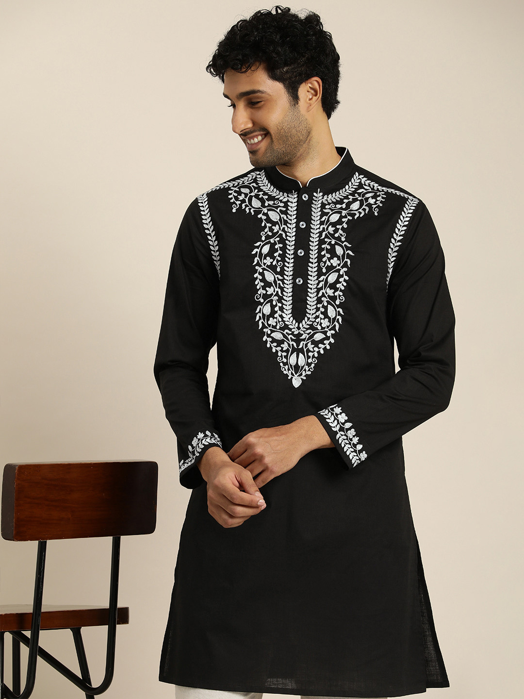 

Taavi Pure Cotton Floral Embroidered Ethnic Woven Festive Kurta, Black