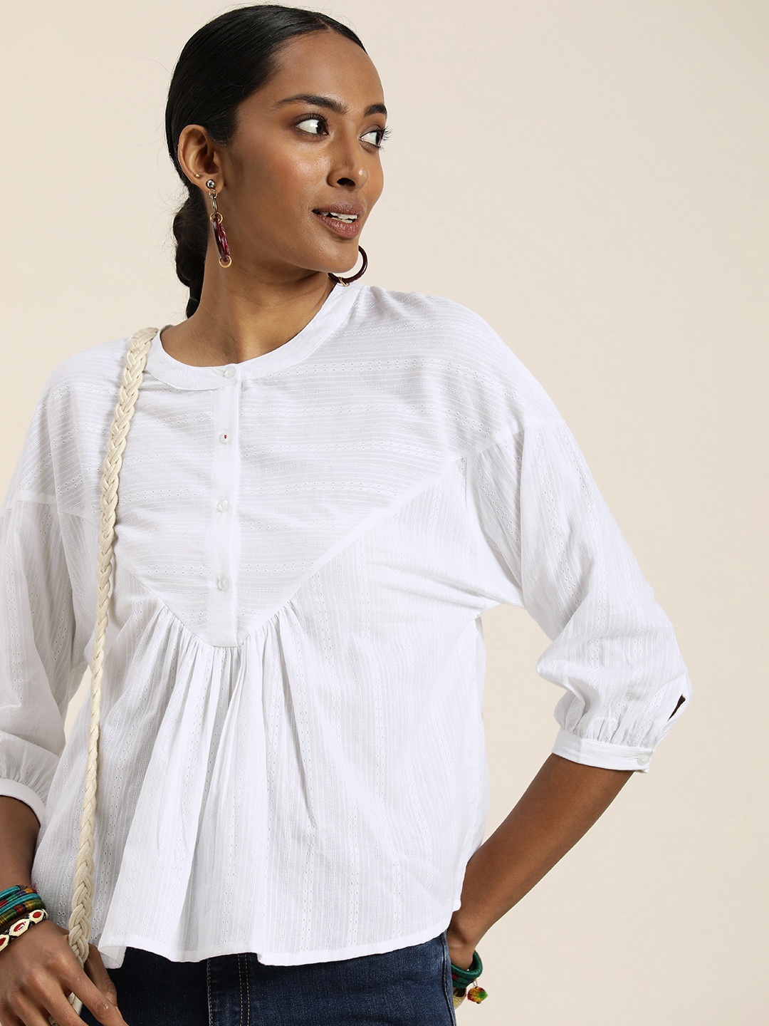 

Taavi White Mandarin Collar Pure Cotton Woven Legacy Peplum Top