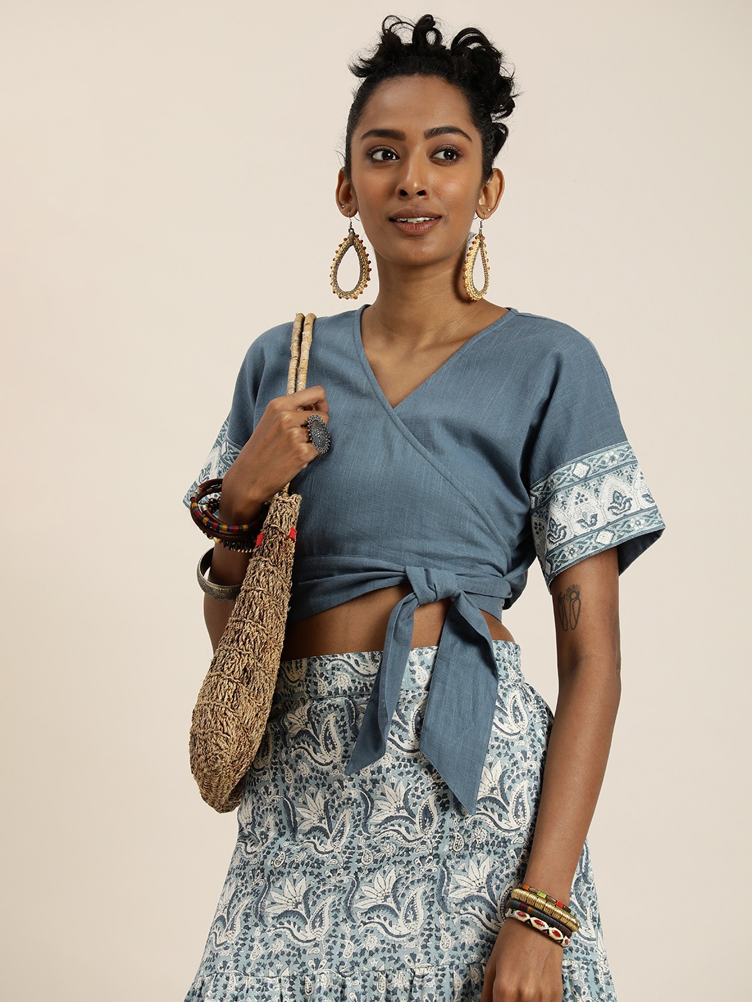 

Taavi Women Sanganeri Pure Cotton Ethnic Printed Top & Skirt, Blue