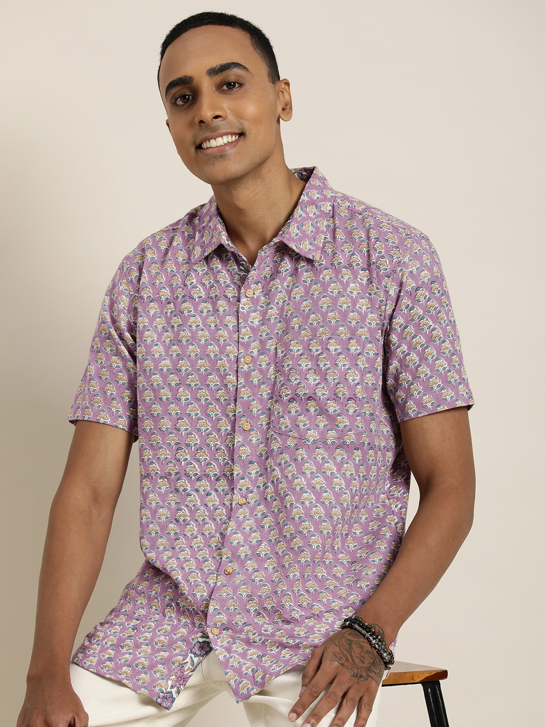 

Taavi Sanganeri Floral Printed Pure Cotton Casual Shirt, Lavender