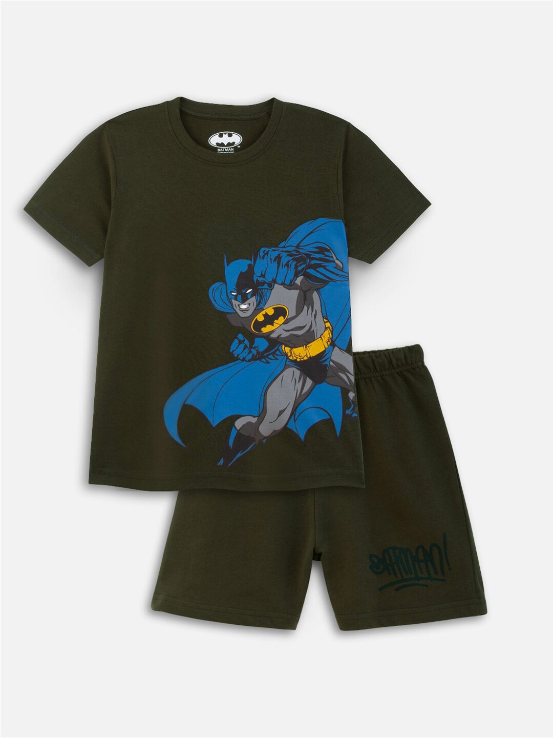 

Nap Chief Kids Batman Printed Pure Cotton T-shirt with Shorts, Olive