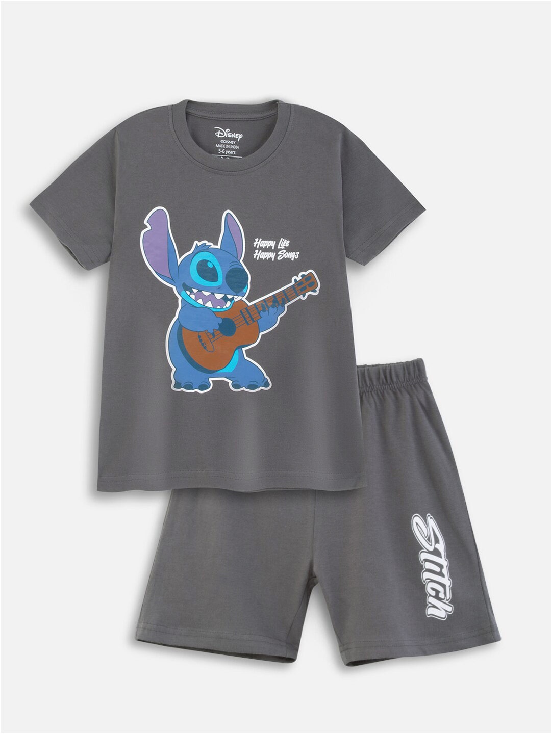 

Nap Chief Kids Lilo and Stitch Printed Pure Cotton T-shirt with Shorts, Grey